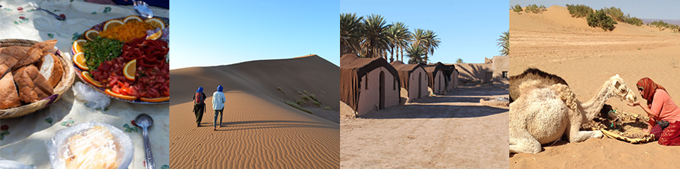 Bilderleiste mit Bildern über Marokko: das Essen, die Wüste, das Camp und Ahmed mit seinen Kamelen