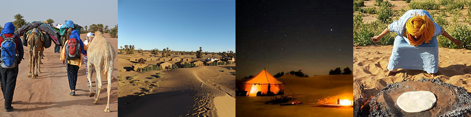 Bilderleiste mit Bildern über Marokko: Ahmed mit seinem Kamel, die Wüste, Ahmed beim Sandbrot backen