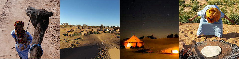 
Cadre photo avec des images sur le Maroc: Ahmed avec son chameau, le désert, la cuisson Ahmed avec le pain de sable